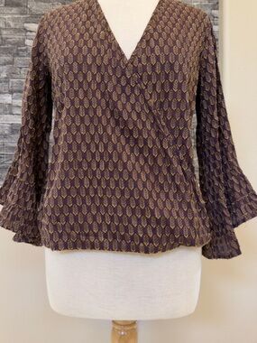 lovestitch Maroon and Gold Patterned Top With Flare Midi Sleeves